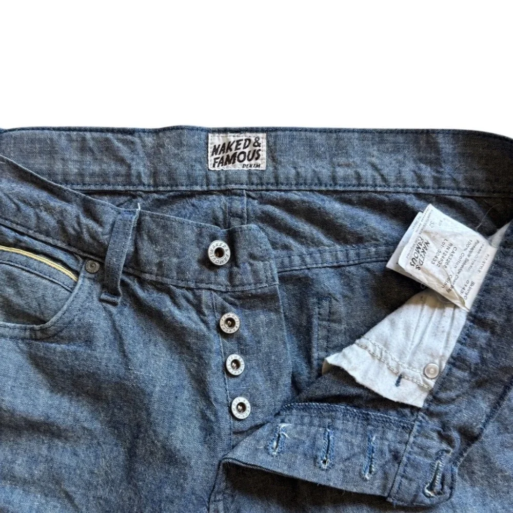 Naked & Famous Skinny Guy Pineapple Selvedge Chambray 32x32 Blue Raw Denim Jean